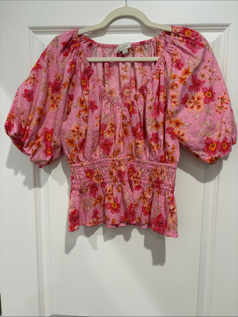 LOFT Pink Floral Puff-Sleeve Peplum Blouse, Small - Picture 2 of 7